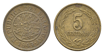 Парагвай 5 сентимо 1947 KM 21 алюминиевая бронза 4674-956