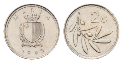 Мальта 2 цента 1993 оливковая ветвь KM 94 медно-никель UNC 4655-157