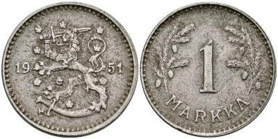 Финляндия 1 марка 1951 Н KM 30b железо 4580-1256