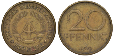 ГДР 20 пфеннигов 1969 А, первый год KM 11 латунь 62-942