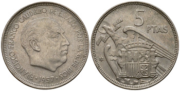 Испания 5 песет 1957 (60) Франсиско Франко (1939-1975) KM 786 медно-никель 186-446