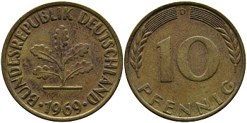 ФРГ 10 ПФЕННИГОВ 1969 D KM 108, J.383 сталь плакированная латунью 33-117