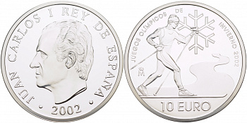 Испания 10 евро 2002 XIX зимние Олимпийские игры в Солт-Лейк-Сити , лыжник KM 1078 серебро PROOF 01-162-44