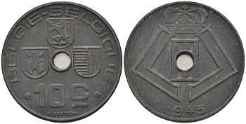 БЕЛЬГИЯ 10 САНТИМОВ 1945 BELGTIE-BELGIQUE KM 126 цинк 4589-742