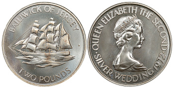 ДЖЕРСИ 2 ФУНТА 1972 25 ЛЕТ КОРОЛЕВСКОЙ СВАДЬБЕ, ПАРУСНИК KM 37 серебро UNC 1077-10-62