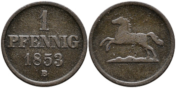 БРАУНШВЕЙГ-ВОЛЬФЕНБЮТТЕЛЬ 1 ПФЕННИГ 1853 В, ВИЛЬГЕЛЬМ (1831-1884) KM 1142 медь 100-627