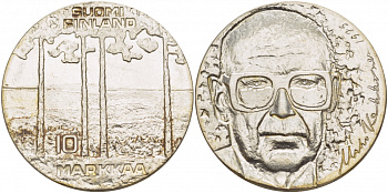 Финляндия 10 марок 1975 S-H, 75 лет президенту Урхо Кекконену KM 54 серебро UNC 1515-1523