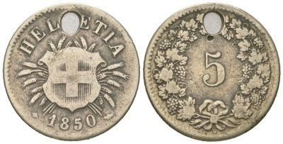 Швейцария 5 раппенов 1850 BB KM 5 серебро 4617-412