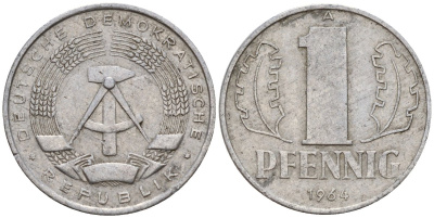 ГДР 1 пфенниг 1964 A KM 8.1 алюминий 44-1059