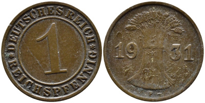 ГЕРМАНИЯ 1 РЕЙХСПФЕННИГ 1931 F KM 37, J. 313 бронза 4387-1128