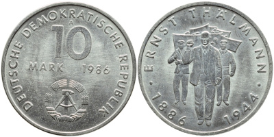 ГДР 10 марок 1986 А, 100 лет со дня рождения Эрнста Тельмана (1886-1944) KM 109, J. 1608 медно-никель UNC 4394-322