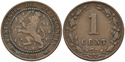 Нидерланды 1 цент 1881 Виллем III (1849-1890) KM 107 бронза 4576-561