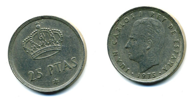 Испания 25 песет 1975 (79) Хуан Карлос I (1975-2014) KM 808 медно-никель 51-4636
