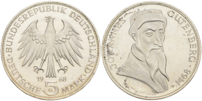 ФРГ 5 марок 1968 G, 500 лет со дня смерти Иоганна Гутенберга KM 122, J. 397 серебро UNC 4557-241
