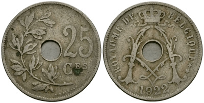 Бельгия 25 сантимов 1922 Belgique KM 68 медно-никель 4168-1244