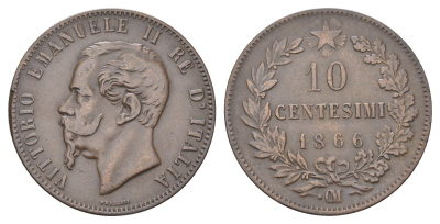 Италия 10 чентезимо 1866 OM, Виктор Эммануил II (1861-1878) KM 11.5 медь 4667-335