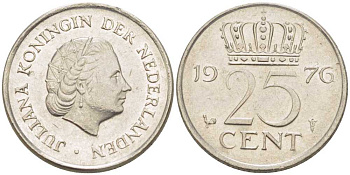 НИДЕРЛАНДЫ 25 ЦЕНТОВ 1976 ЮЛИАНА (1948-1980) KM 183 никель 214-1111