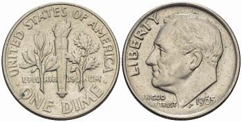 США 10 ЦЕНТОВ = 1 ДАЙМ 1965 РУЗВЕЛЬТ KM 195а медь плакированная медно-никелем 105-662