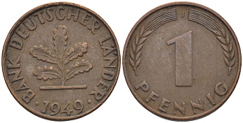 ФРГ 1 ПФЕННИГ 1949 J KM A101, J.376 сталь плакированная медью 100-144