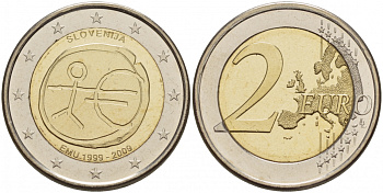 Словения 2 евро  2009 10 лет монетарной политики ЕС (EMU) и введения евро KM 82 биметалл UNC 1094-6-52