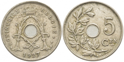 БЕЛЬГИЯ 5 САНТИМОВ 1927 BELGIE KM 67 медно-никель 112-243