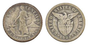 Филиппины 10 сентаво 1921 Администрация США KM 169 серебро 4655-646