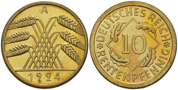 Германия 10 рентенпфеннигов 1924 А J. 309, KM 33 алюминиевая бронза PROOF 00-817-12