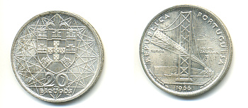 ПОРТУГАЛИЯ 20 ЭСКУДО 1966 МОСТ САЛАЗАР KM 592 серебро UNC 56-225