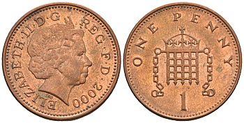 Великобритания 1 пенни 2000 Елизавета II (1952-2022) KM 986, Spink 4710 (B5) сталь плакированная медью 4609-551