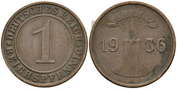 Германия 1 рейхспфенниг 1936 A KM 37, J. 313 бронза 4528-667
