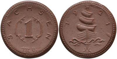 Саксония 1 марка 1921 парусник J. N 55 фарфор 1094-3-31