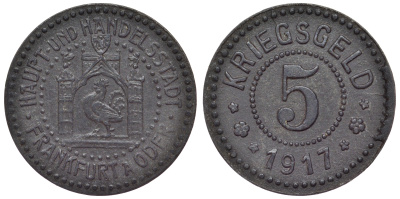 Германия, Франкфурт-на-Одере 5 пфеннигов 1917 Бранденбург, нотгельд цинк 4118-1257