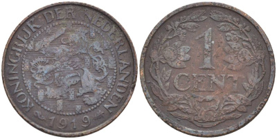 НИДЕРЛАНДЫ 1 ЦЕНТ 1919 ВИЛЬГЕЛЬМИНА I (1891-1948) KM 152 бронза 4547-915