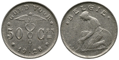 БЕЛЬГИЯ 50 САНТИМОВ 1928 BELGIE KM 88 никель 83-232
