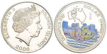 Соломоновы Острова 1 доллар 2000 XXVII Летние Олимпийские игры, Сидней 2000 - Плавание KM 65 медно-никель PROOF 3896-431