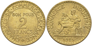 ФРАНЦИЯ 2 ФРАНКА 1925 ТИП CHAMBRES DE COMMERCE KM 877, LE FRANC 267.7 алюминиевая бронза 69-1214