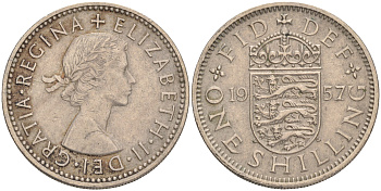 Великобритания 1 шиллинг 1957 Елизавета II (1952-2022), Английский герб KM 904, Spink 4147 медно-никель 4561-742