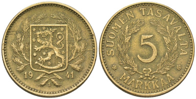 Финляндия 5 марок 1941 S KM 31 алюминиевая бронза 4586-124