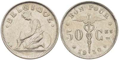 Бельгия 50 сантимов 1930 Belgique, Альберт I (1909-1934) KM 87 никель     206-134