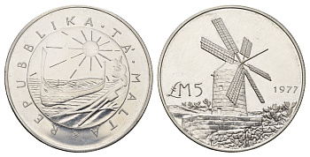 Мальта 5 лир (фунтов) 1977 Ветряная мельница KM 47 серебро BU 270-621