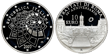 Италия 10 евро 2007 50 лет Римскому договору KM 295 серебро PROOF 4-3-5-07