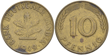 ФРГ 10 ПФЕННИГОВ 1949 G KM 103, J. 378 сталь плакированная латунью 4182-737