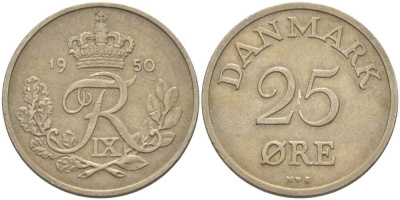 Дания 25 эре 1950 N,S, Фредерик IX (1947-1972) KM 842.1 медно-никель 67-944