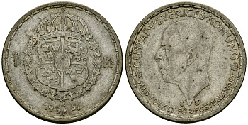 Швеция 1 крона 1950 TS, Густав VI Адольф (1950-1973) KM 814 серебро 4177-954