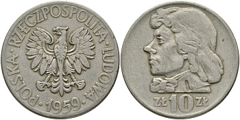 Польша 10 злотых 1959 MW, Тадеуш Костюшко, первый год KM 50 медно-никель 4168-133
