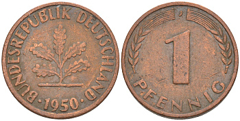 ФРГ 1 пфенниг 1950 J KM 105, J.380 сталь плакированная медью 187-854