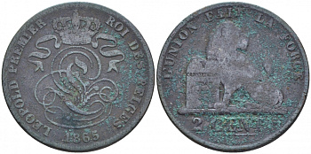БЕЛЬГИЯ 2 САНТИМА 1865 BELGES KM 4.2 медь 4448-615