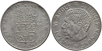 Швеция 1 крона 1969 Густав VI Адольф (1950-1973) KM 826a медь плакированная медно-никелем 4388-156