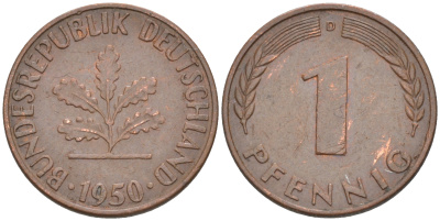 ФРГ 1 пфенниг 1950 D KM 105, J.380 сталь плакированная медью 187-851