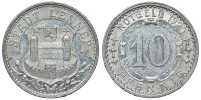 Леннеп 10 пфеннигов 1920  Funck 288.2, Men05 14940.2, Men18 18748.2 алюминий  UNC   4119-1043